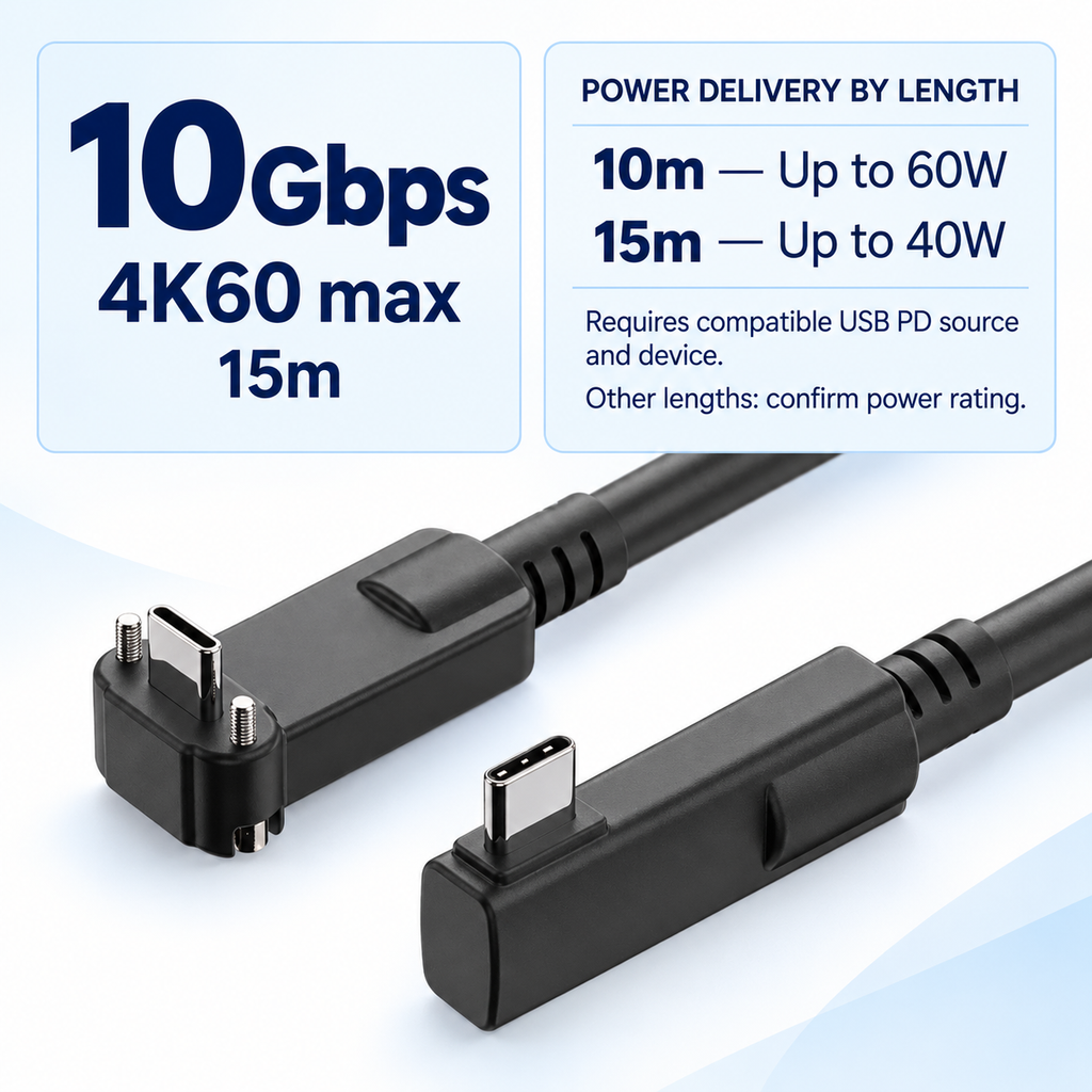 Length-dependent USB PD ratings: 10m up to 60W, 15m up to 40W.